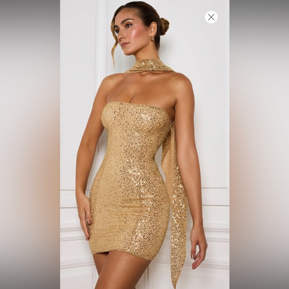 Oh-polly Embellished Scarf-Detail Mini Dress in Gold - Picture 2 of 8